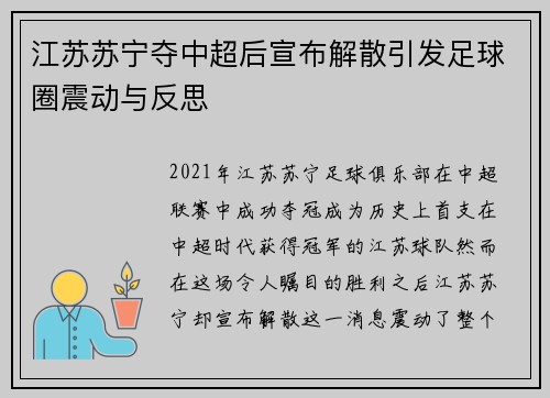 江苏苏宁夺中超后宣布解散引发足球圈震动与反思 江苏苏宁夺中超后宣布解散引发足球圈震动与反思