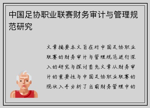 中国足协职业联赛财务审计与管理规范研究 中国足协职业联赛财务审计与管理规范研究